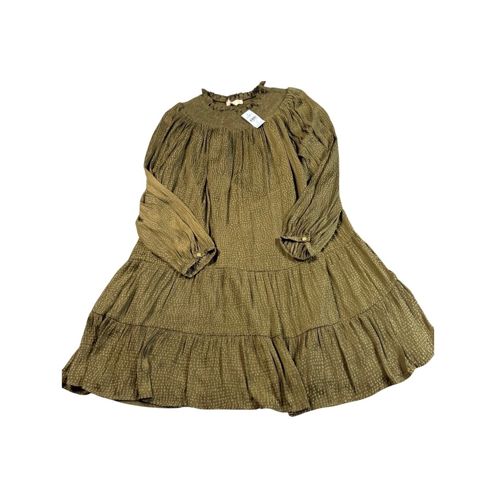 LOFT Olive Green Jacquard Smocked Tiered Swing Mini Dress NWT Petites MP - Picture 2 of 12